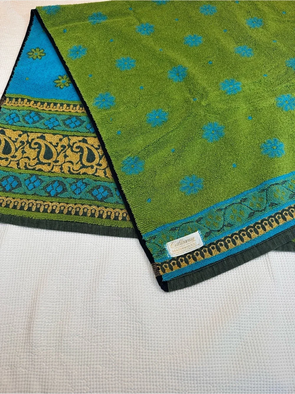 Vintage Callaway 3 pc bath towel hand towel set 60’s 70’s MCM blue green gold